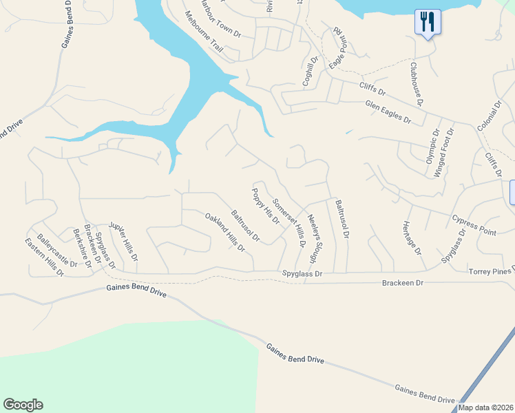 map of restaurants, bars, coffee shops, grocery stores, and more near 590 Baltrusol Drive in Graford