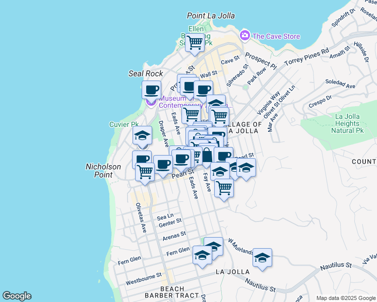 map of restaurants, bars, coffee shops, grocery stores, and more near 7518 Eads Avenue in San Diego