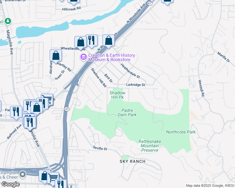 map of restaurants, bars, coffee shops, grocery stores, and more near 9161 Shadow Hill Road in Santee