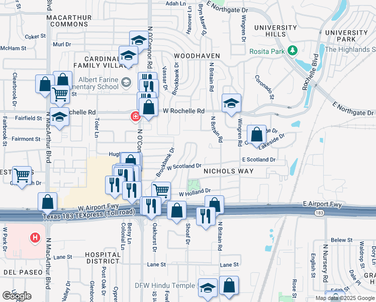 map of restaurants, bars, coffee shops, grocery stores, and more near 2520 East Newton Circle in Irving