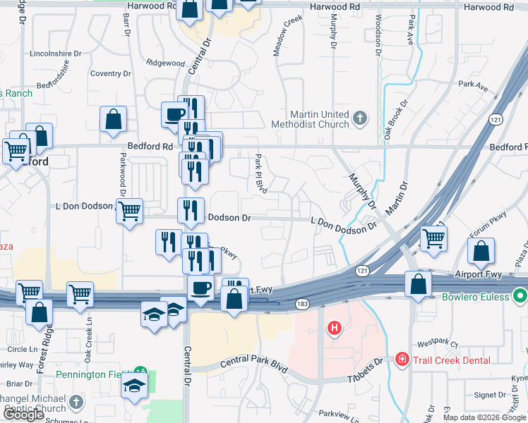 map of restaurants, bars, coffee shops, grocery stores, and more near 2301 L Don Dodson Drive in Bedford