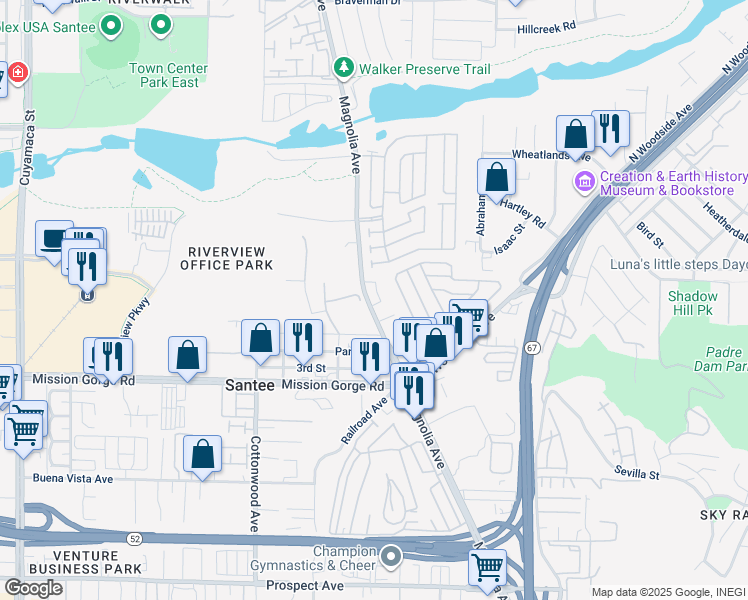 map of restaurants, bars, coffee shops, grocery stores, and more near 10727 Holly Meadows Drive in Santee