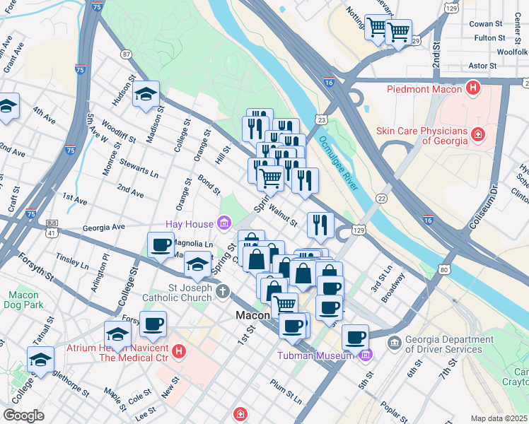 map of restaurants, bars, coffee shops, grocery stores, and more near 835 Walnut Street Lane in Macon