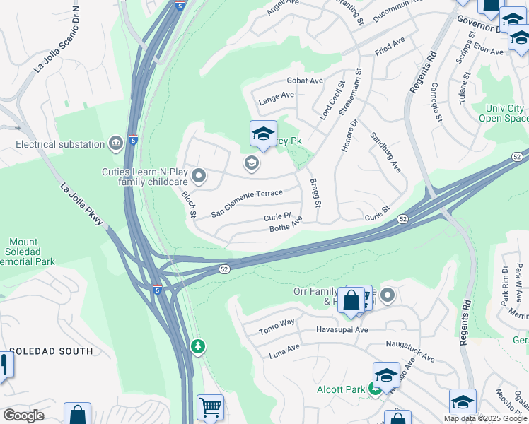 map of restaurants, bars, coffee shops, grocery stores, and more near 2707 Curie Place in San Diego
