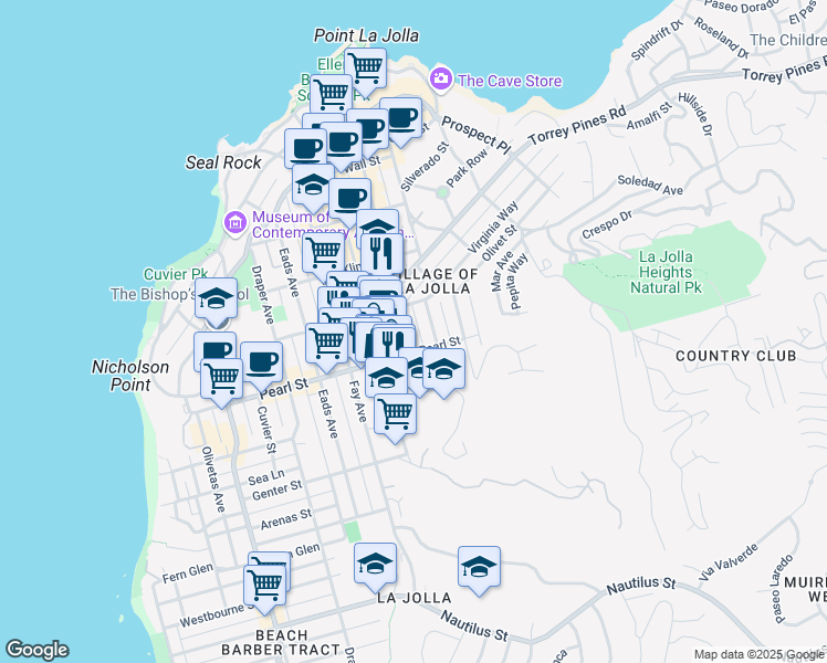 map of restaurants, bars, coffee shops, grocery stores, and more near 1104 Pearl Street in San Diego
