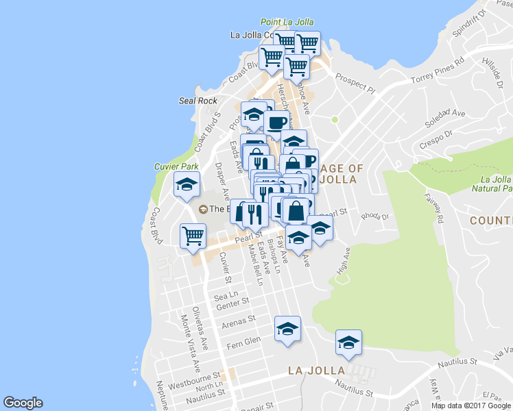 map of restaurants, bars, coffee shops, grocery stores, and more near 7540 Fay Avenue in San Diego