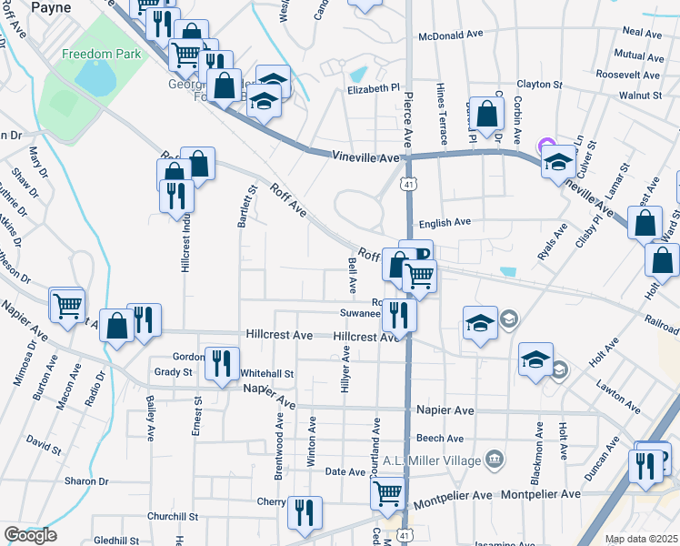 map of restaurants, bars, coffee shops, grocery stores, and more near 663 Bell Avenue in Macon