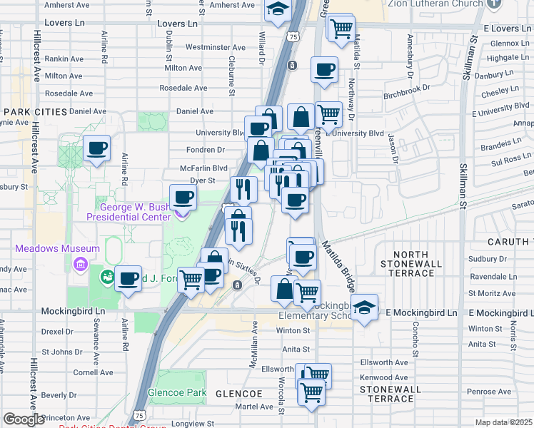 map of restaurants, bars, coffee shops, grocery stores, and more near 5606 SMU Boulevard in Dallas