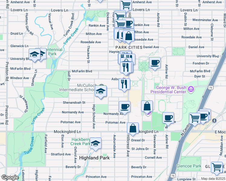 map of restaurants, bars, coffee shops, grocery stores, and more near 3442 Binkley Avenue in Dallas