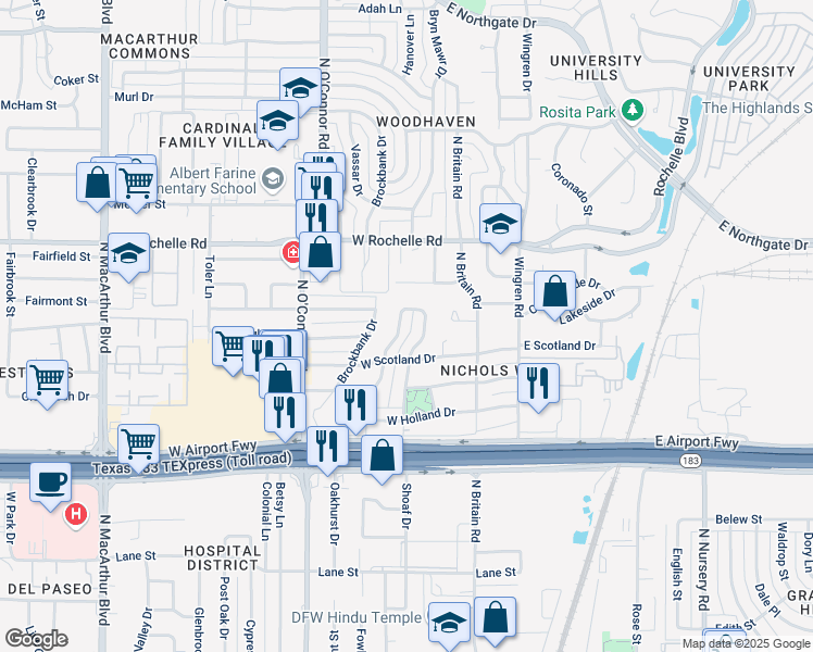 map of restaurants, bars, coffee shops, grocery stores, and more near 2520 East Newton Circle in Irving