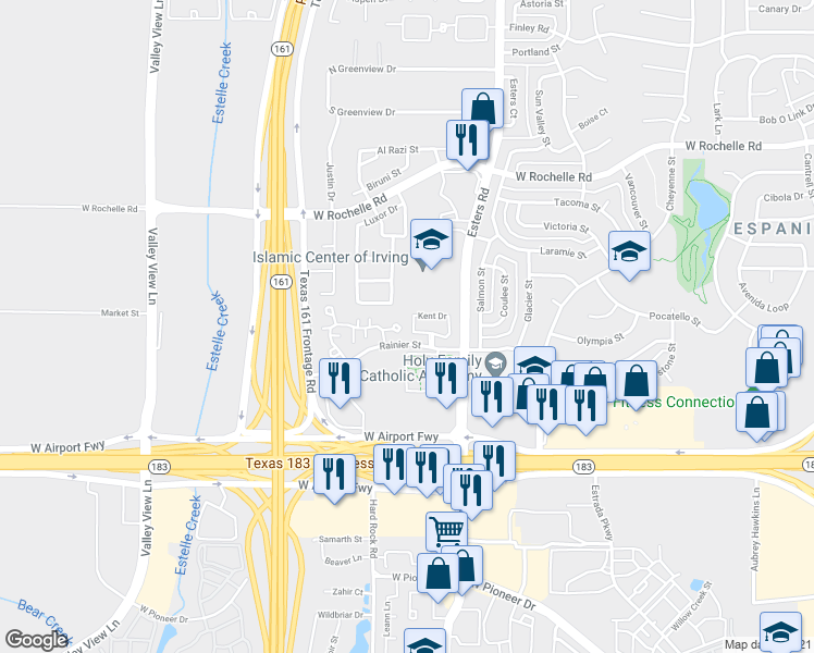 map of restaurants, bars, coffee shops, grocery stores, and more near 4378 Annesley Lane in Irving