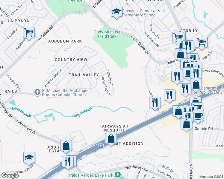 map of restaurants, bars, coffee shops, grocery stores, and more near 6115 Ridge Top Lane in Garland