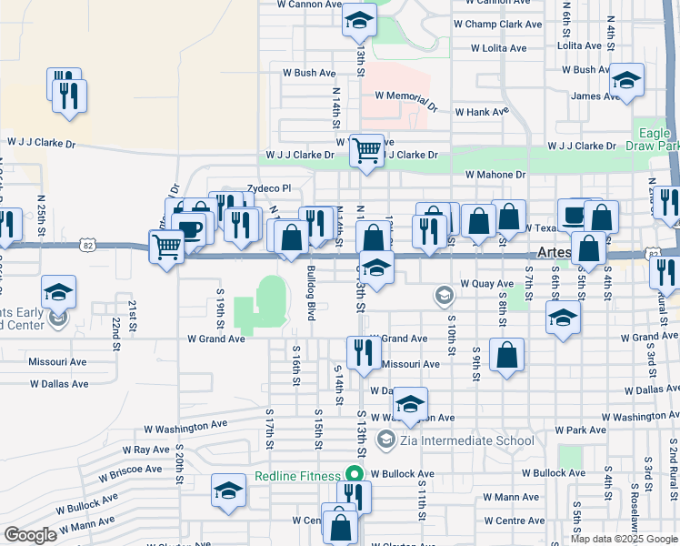map of restaurants, bars, coffee shops, grocery stores, and more near 103 South 14th Street in Artesia
