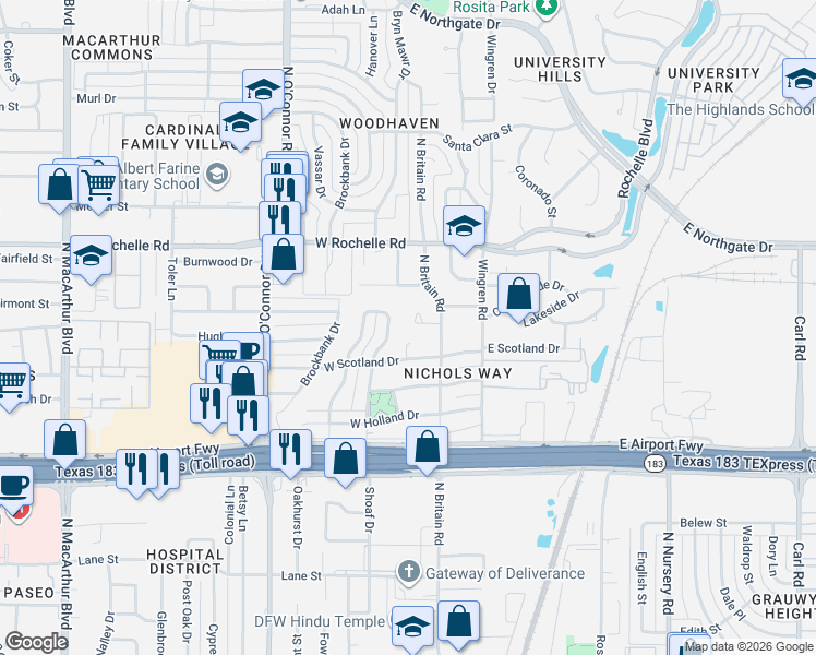 map of restaurants, bars, coffee shops, grocery stores, and more near 107 West Scotland Drive in Irving