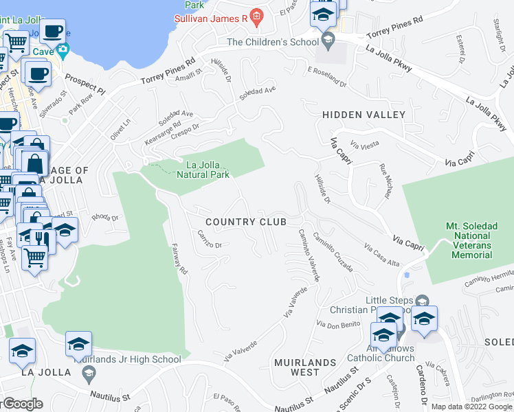 map of restaurants, bars, coffee shops, grocery stores, and more near 7301 Encelia Drive in San Diego