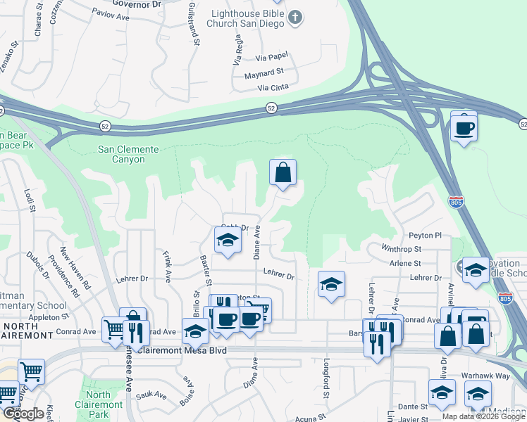 map of restaurants, bars, coffee shops, grocery stores, and more near 5266 Diane Avenue in San Diego