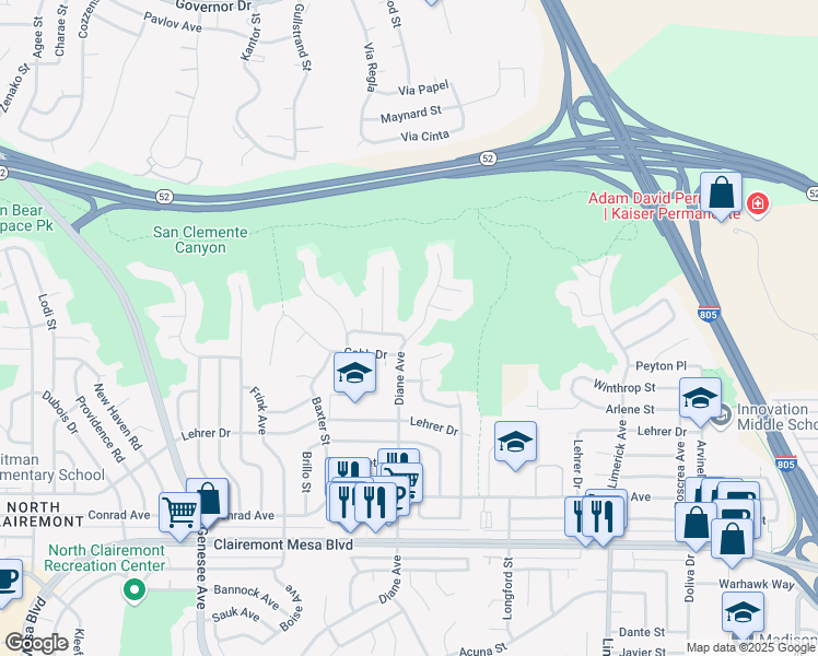 map of restaurants, bars, coffee shops, grocery stores, and more near 5266 Diane Avenue in San Diego