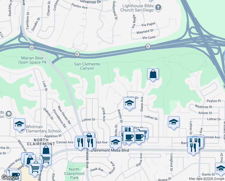 map of restaurants, bars, coffee shops, grocery stores, and more near 4675 Cobb Drive in San Diego