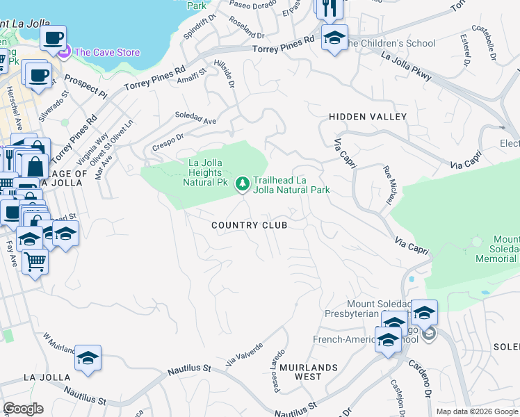 map of restaurants, bars, coffee shops, grocery stores, and more near 7301 Encelia Drive in San Diego