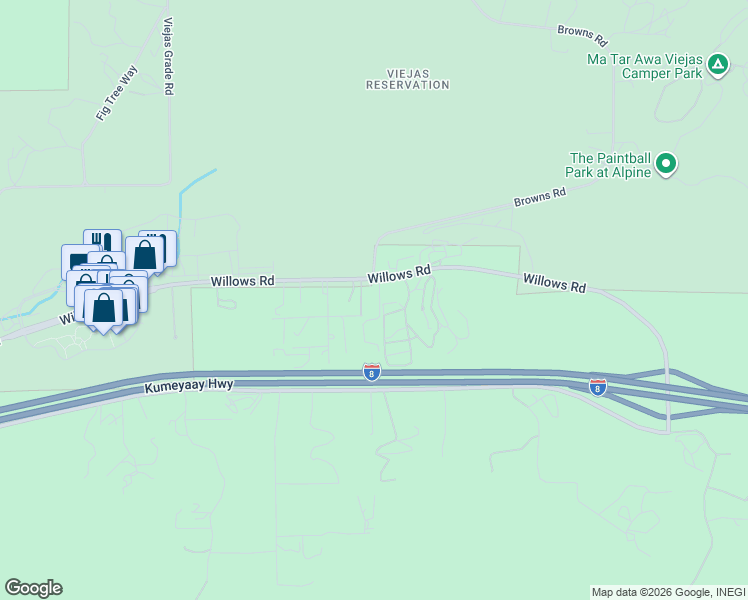 map of restaurants, bars, coffee shops, grocery stores, and more near 5553 Willows Road in Alpine