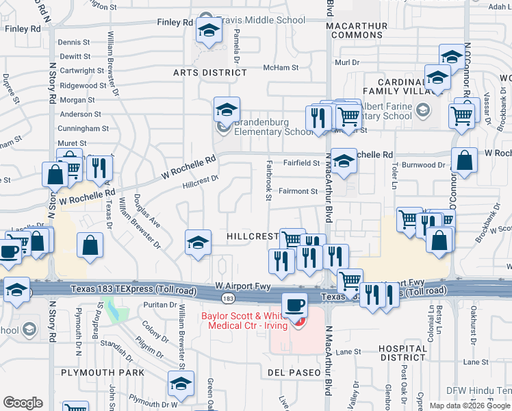 map of restaurants, bars, coffee shops, grocery stores, and more near 2521 Fairbrook Street in Irving