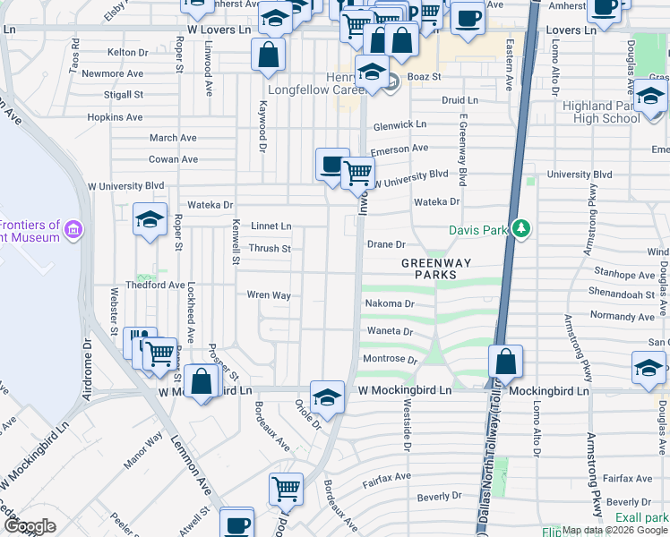 map of restaurants, bars, coffee shops, grocery stores, and more near 6831 Inwood Road in Dallas