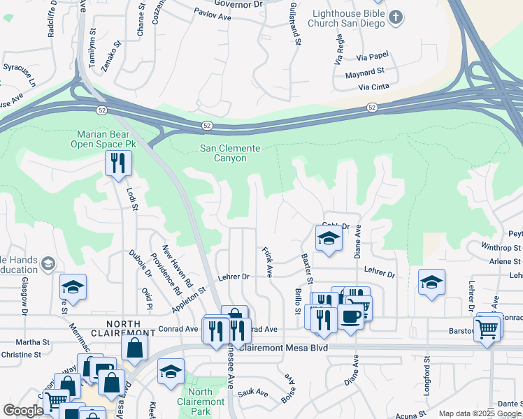 map of restaurants, bars, coffee shops, grocery stores, and more near 5261 Constitution Road in San Diego