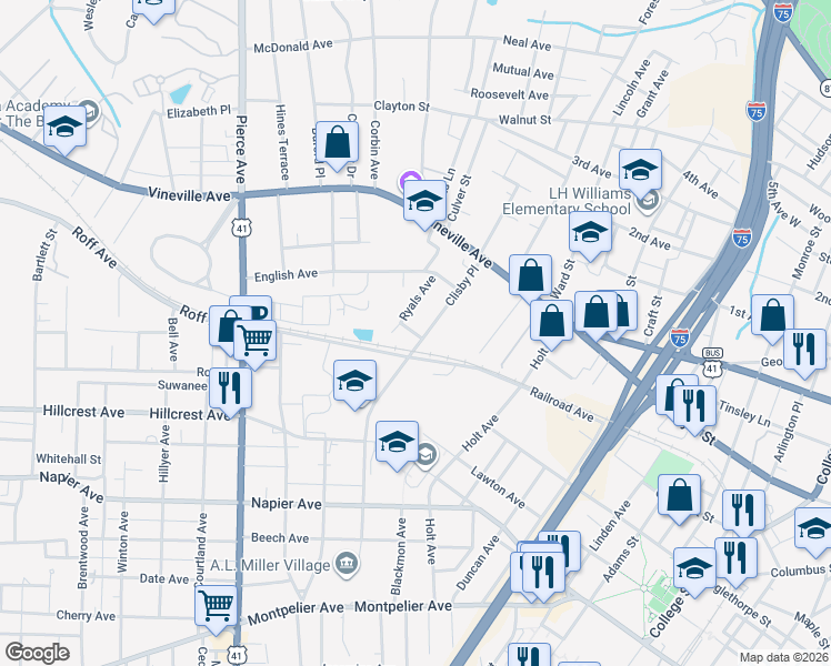 map of restaurants, bars, coffee shops, grocery stores, and more near 296 Clisby Place in Macon