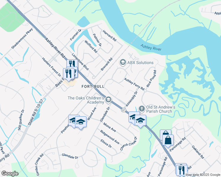 map of restaurants, bars, coffee shops, grocery stores, and more near 2730 Jobee Drive in Charleston