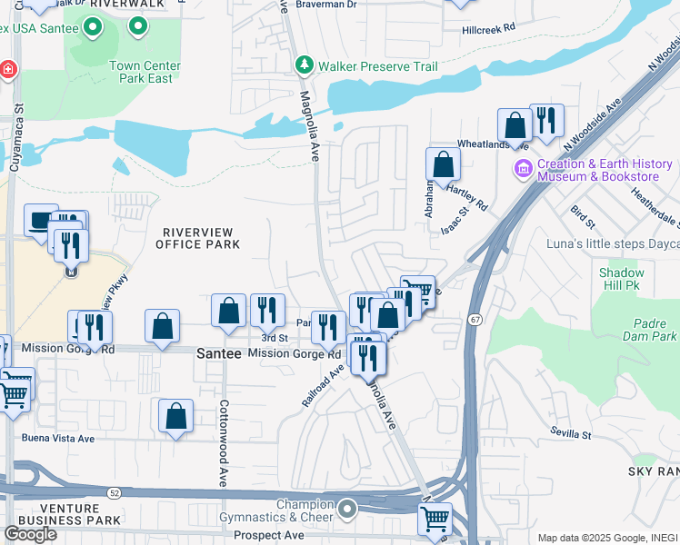 map of restaurants, bars, coffee shops, grocery stores, and more near 10705 Lisa Meadows Drive in Santee