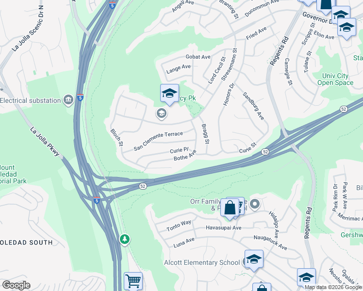 map of restaurants, bars, coffee shops, grocery stores, and more near 2797 Curie Place in San Diego