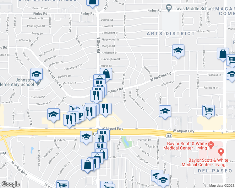 map of restaurants, bars, coffee shops, grocery stores, and more near 2601 Texas Drive in Irving