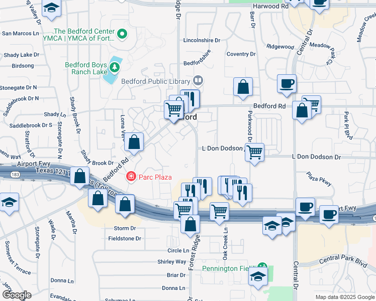 map of restaurants, bars, coffee shops, grocery stores, and more near 2003 Forest Ridge Drive in Bedford
