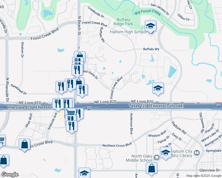 map of restaurants, bars, coffee shops, grocery stores, and more near 5280 Fossil Creek Boulevard in Fort Worth
