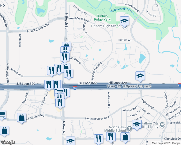map of restaurants, bars, coffee shops, grocery stores, and more near 5280 Fossil Creek Boulevard in Fort Worth