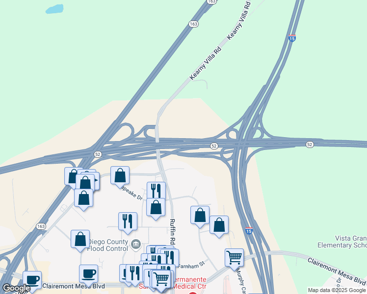 map of restaurants, bars, coffee shops, grocery stores, and more near San Clemente Canyon Fwy in San Diego