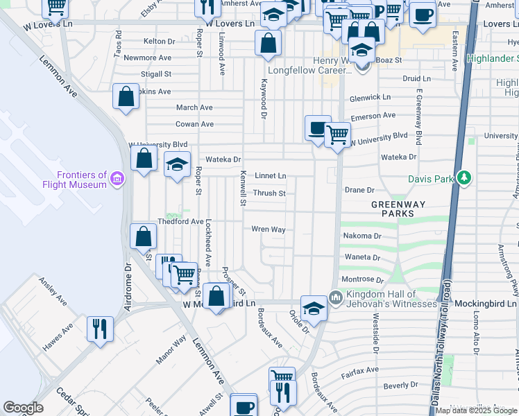map of restaurants, bars, coffee shops, grocery stores, and more near 4923 Wenonah Drive in Dallas