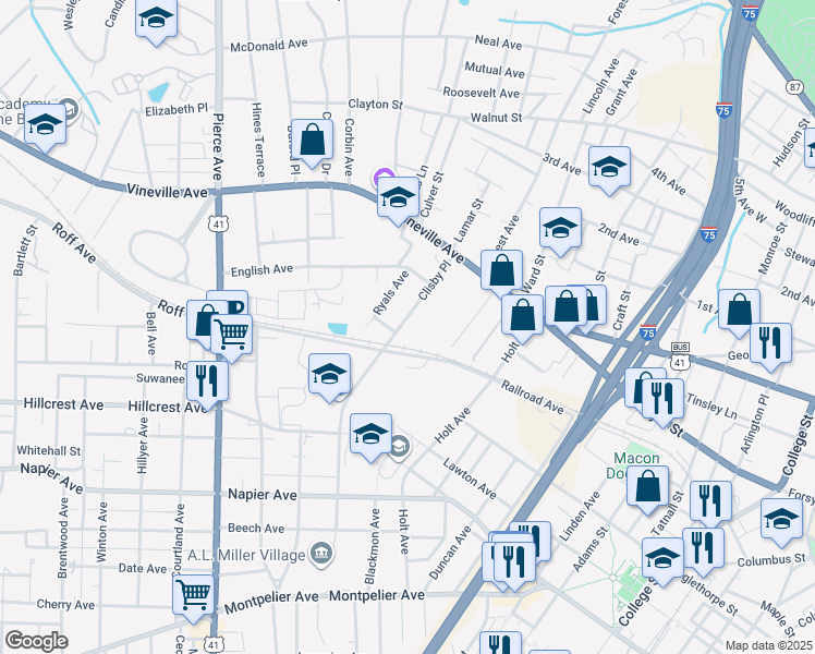 map of restaurants, bars, coffee shops, grocery stores, and more near 296 Clisby Place in Macon