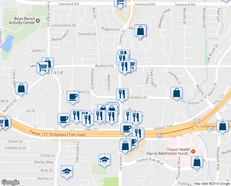 map of restaurants, bars, coffee shops, grocery stores, and more near 2201 Central Dr in Bedford