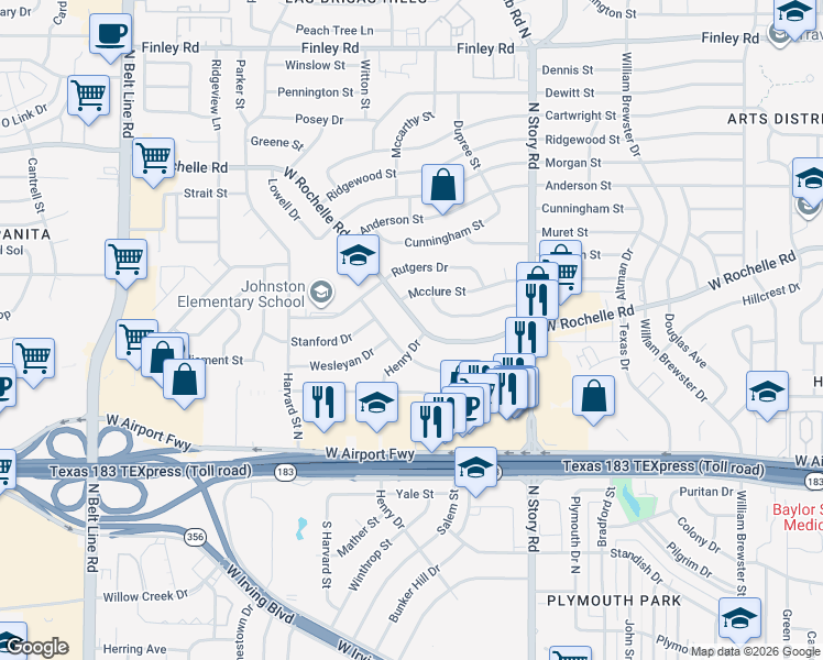 map of restaurants, bars, coffee shops, grocery stores, and more near 2537 Lasalle Drive in Irving