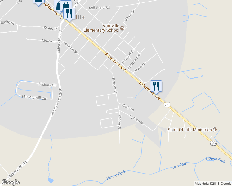 map of restaurants, bars, coffee shops, grocery stores, and more near 900 Pepper Street in Varnville