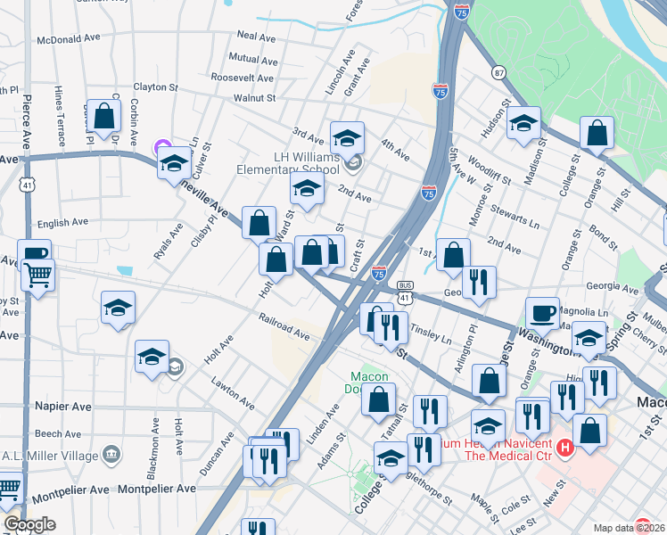 map of restaurants, bars, coffee shops, grocery stores, and more near 1873 Hardeman Avenue in Macon