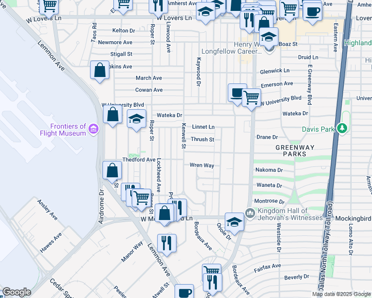 map of restaurants, bars, coffee shops, grocery stores, and more near 4903 Wenonah Drive in Dallas
