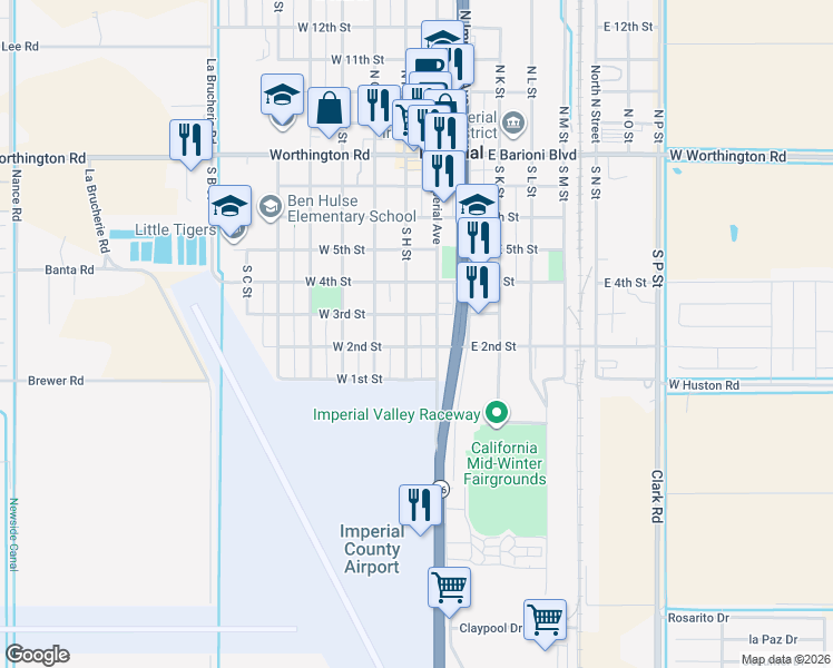 map of restaurants, bars, coffee shops, grocery stores, and more near 108 West 2nd Street in Imperial