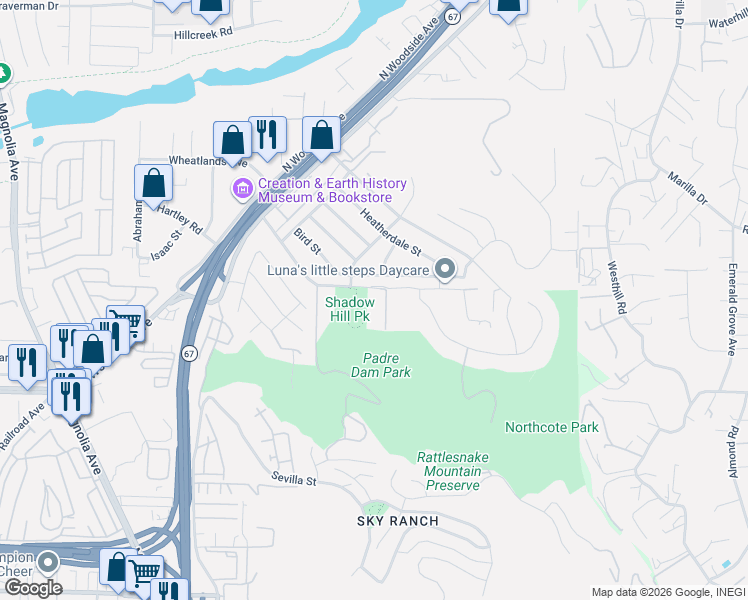 map of restaurants, bars, coffee shops, grocery stores, and more near 9124 Shadow Hill Road in Santee