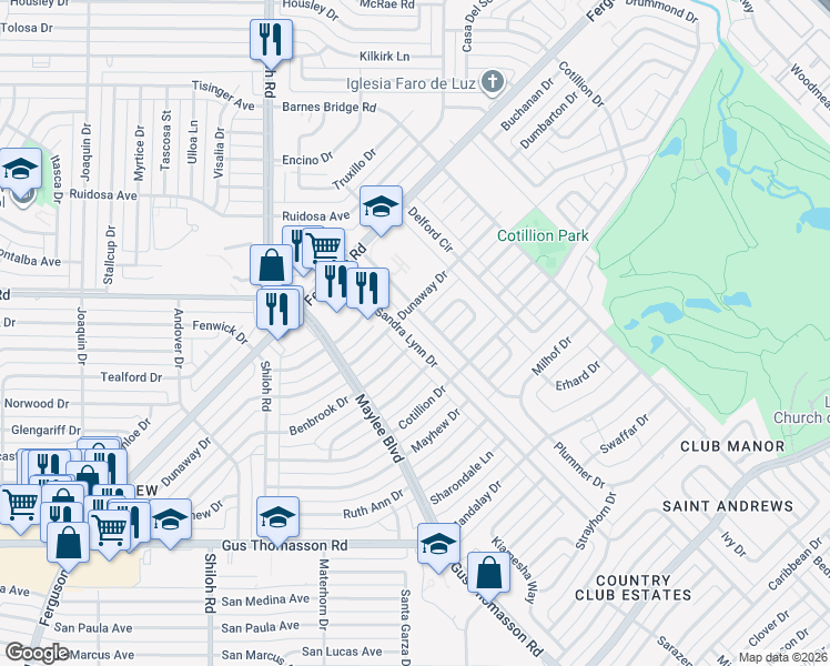 map of restaurants, bars, coffee shops, grocery stores, and more near 10437 Sandra Lynn Drive in Dallas