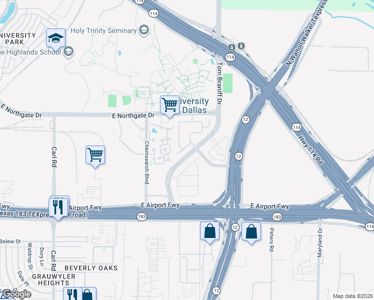 map of restaurants, bars, coffee shops, grocery stores, and more near 1732 East Northgate Drive in Irving