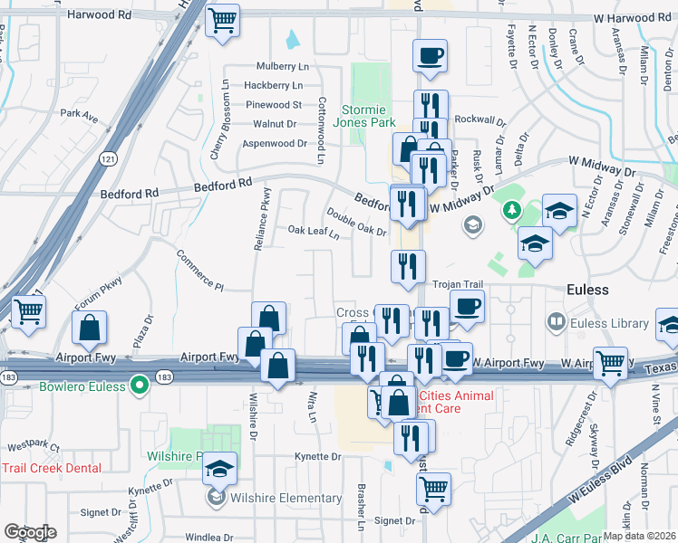 map of restaurants, bars, coffee shops, grocery stores, and more near 1948 Stonecourt Drive in Bedford