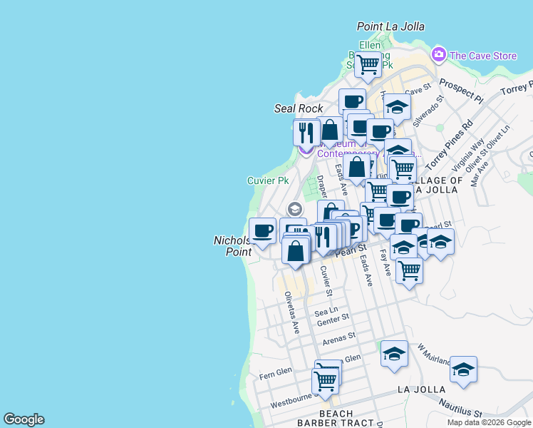 map of restaurants, bars, coffee shops, grocery stores, and more near 357 Coast Boulevard in San Diego