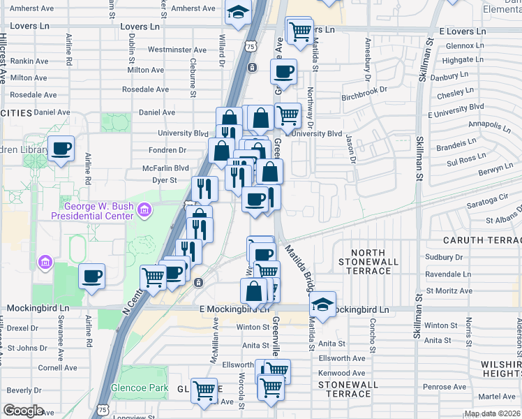map of restaurants, bars, coffee shops, grocery stores, and more near 5600 SMU Boulevard in Dallas